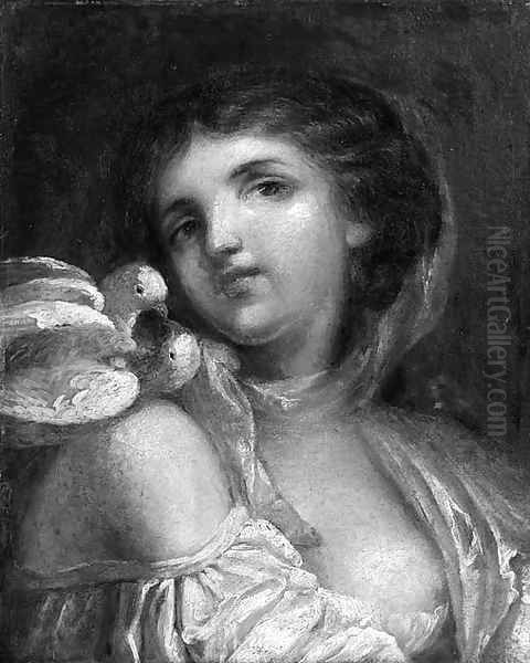 A Young Girl, Small Bust-Length, With Pigeons Perched On Her Right Shoulder Oil Painting by Jean Baptiste Greuze