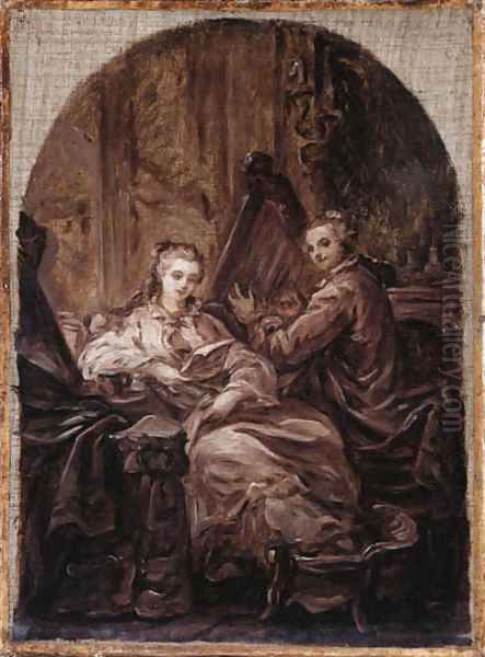 An interior with a man playing a harp and a woman reading beside him Oil Painting by Jean Baptiste Greuze