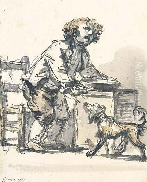 L'enfant gate A boy standing at a table feeding a dog with a spoon Oil Painting by Jean Baptiste Greuze