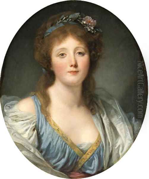 Portrait of Madame de Viette, bust-length, in a blue dress and white wrap Oil Painting by Jean Baptiste Greuze