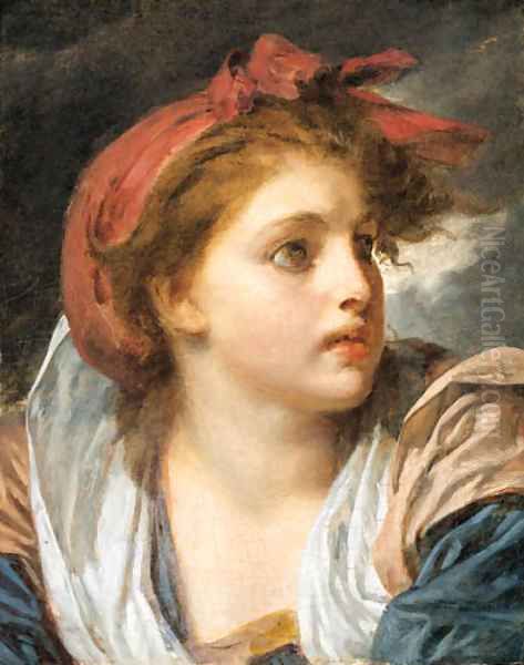 A girl, bust length, wearing a red headscarf 2 Oil Painting by Jean Baptiste Greuze