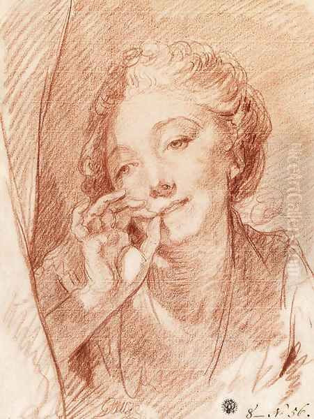 A young woman appearing behind a curtain, her hand at her mouth Oil Painting by Jean Baptiste Greuze