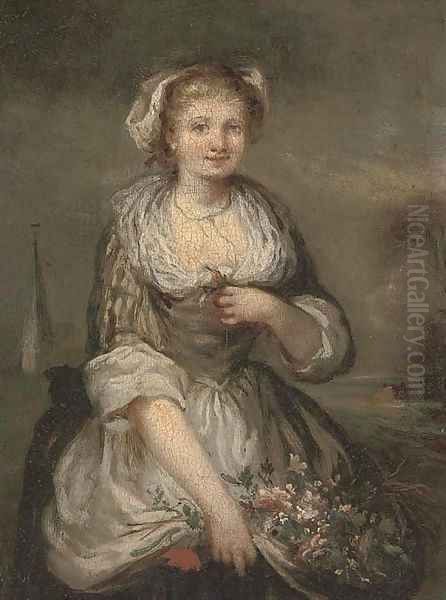 Portrait of a girl, three-quarter-length, with a bunch of flowers Oil Painting by Jean Baptiste Greuze