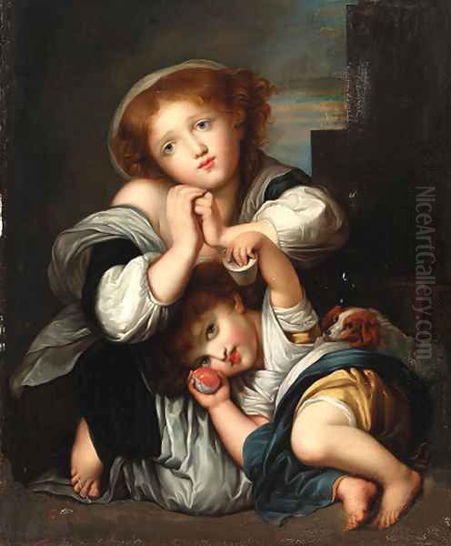 Two children with a dog Oil Painting by Jean Baptiste Greuze