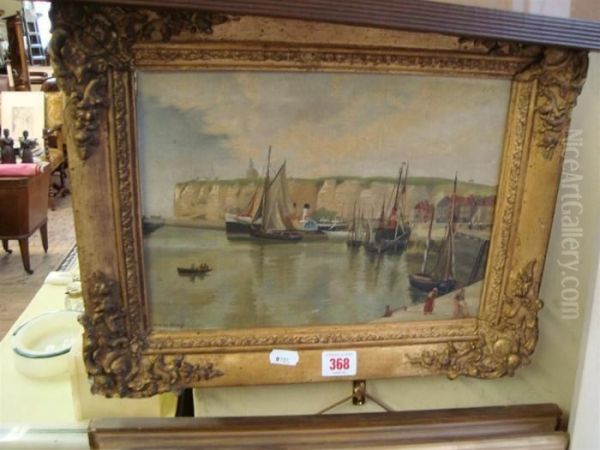 Boats In Harbour With White Cliffs Behind Oil Painting by John White Abbott