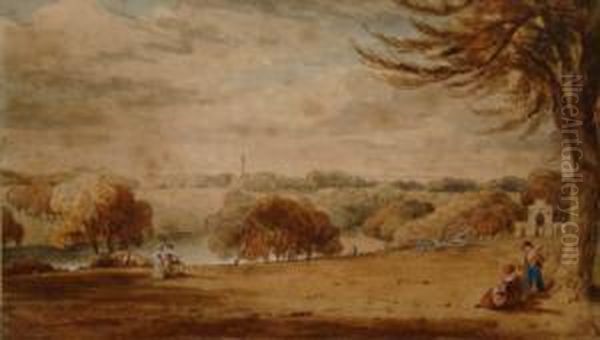 A Country House Landscape Garden With Figures, Lake, Temples And Stagecoach And Horses. Oil Painting by John White Abbott