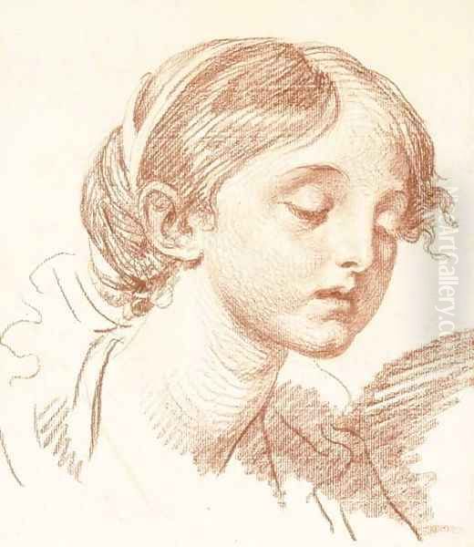 Head of a girl looking down, in three-quarter profile to the right Oil Painting by Jean Baptiste Greuze