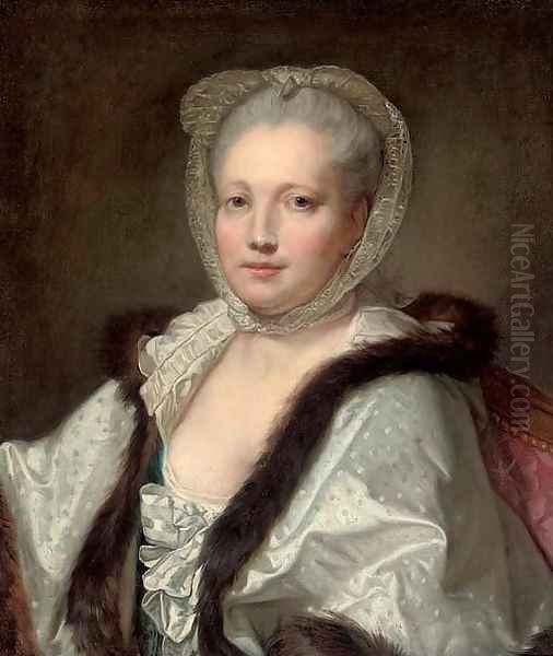 Portrait of a lady, bust-length, in a fur trimmed shawl Oil Painting by Jean Baptiste Greuze