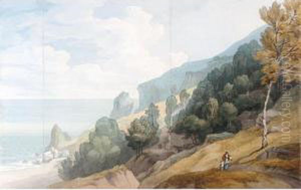 Babbacombe, Devon, With A Woman 
And Child On A Road Above The Cliffs, A Cottage Amongst Trees Oil Painting by John White Abbott