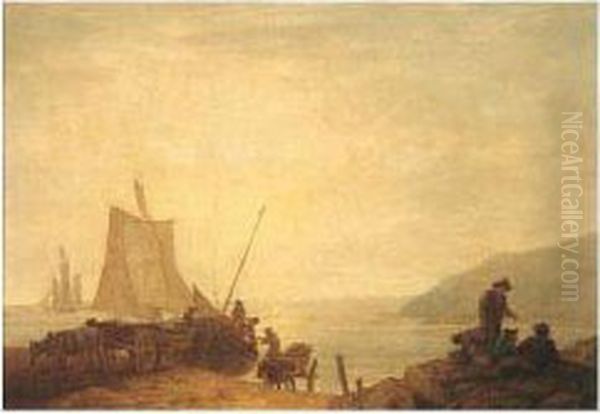 Fishermen Hauling A Boat To Shore, Devon Oil Painting by John White Abbott