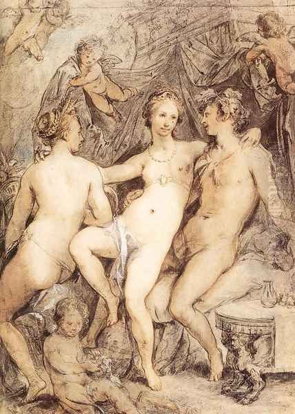 Venus between Ceres and Bacchus 1590s Oil Painting by Hendrick Goltzius