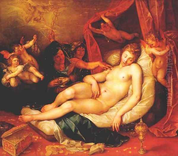 Danae and Zeus as a rain of gold Oil Painting by Hendrick Goltzius