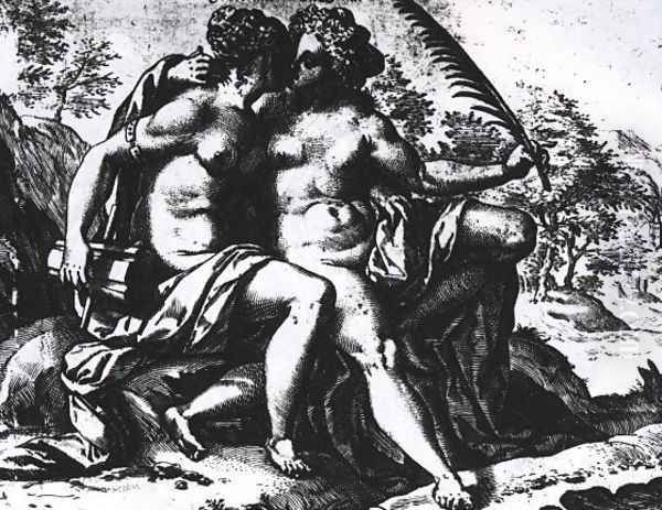 Concordia and Peace kiss each other Oil Painting by Hendrick Goltzius