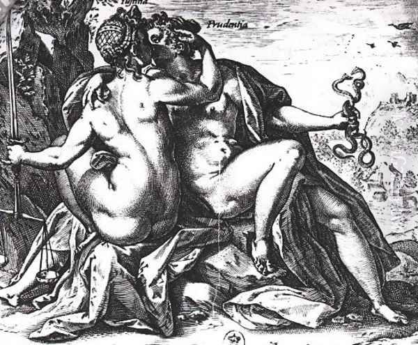 Justice and Prudence kiss each other Oil Painting by Hendrick Goltzius