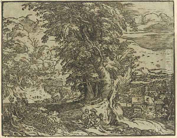 Landscape with Trees and a Shepherd Couple Oil Painting by Hendrick Goltzius