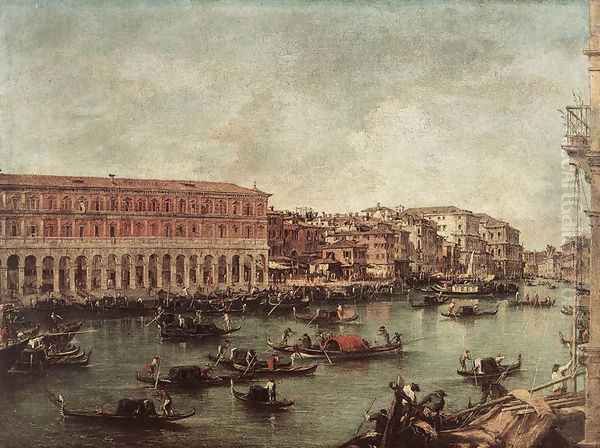 The Grand Canal at the Fish Market (Pescheria) c. 1765 Oil Painting by Francesco Guardi