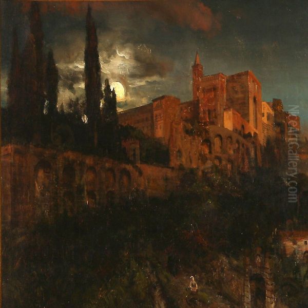 Moonlight Over A Southern Castle Oil Painting by Andreas Achenbach