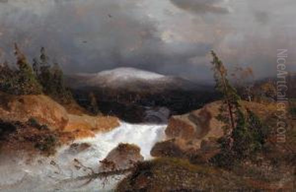 Norwegian Mountain Landscape With A Mountain Stream Oil Painting by Andreas Achenbach