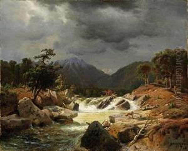 Norwegische Landschaftmit Fuchs An Einem Wildbach Oil Painting by Andreas Achenbach