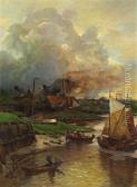 Fischerboote Am Ufer Mitder Stadtsilhouette Von Antwerpen Im Hintergrund Oil Painting by Andreas Achenbach