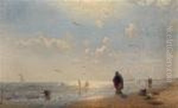 Strandmotiv Bei Untergehender Sonne Oil Painting by Andreas Achenbach