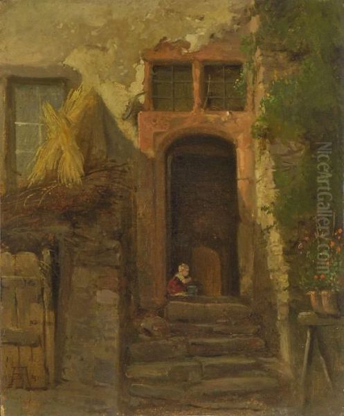 Hauseingang Mit Spielendem Kind Oil Painting by Andreas Achenbach