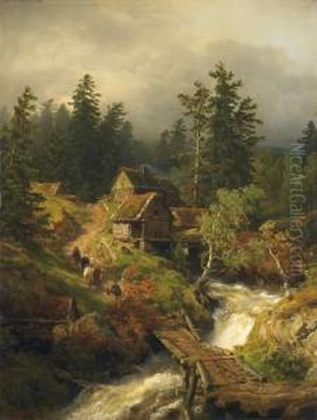 Bergige Landschaft Mitbach Und Wassermuhle Oil Painting by Andreas Achenbach