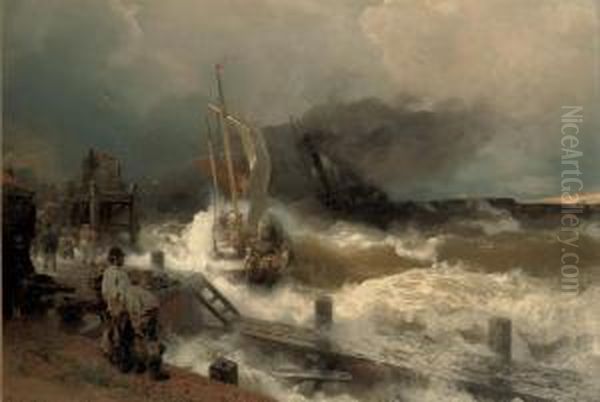 A Fishing Boat And A Steamer In Rough Seas Oil Painting by Andreas Achenbach