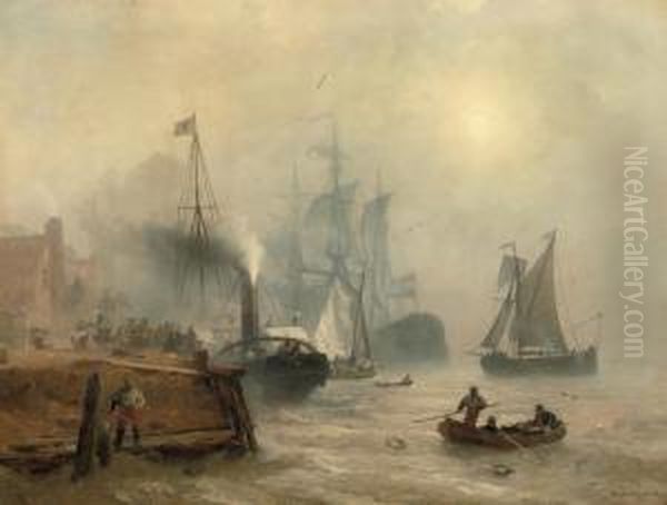 A Moored Steamer At A Busy Quay Oil Painting by Andreas Achenbach