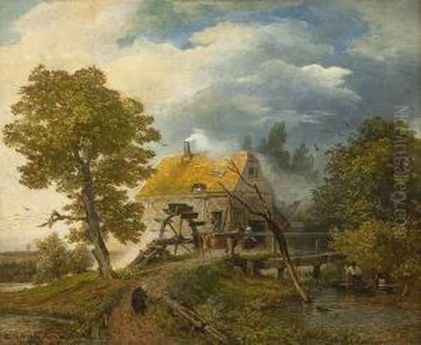 Alte Wassermuhle Mitbauerin Auf Einem Feldweg Oil Painting by Andreas Achenbach