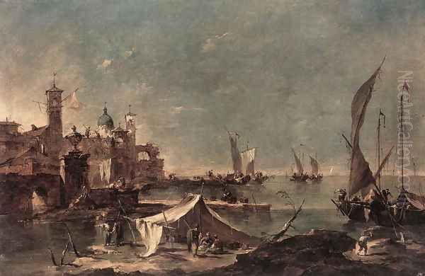 Landscape with a Fisherman's Tent 1770-75 Oil Painting by Francesco Guardi