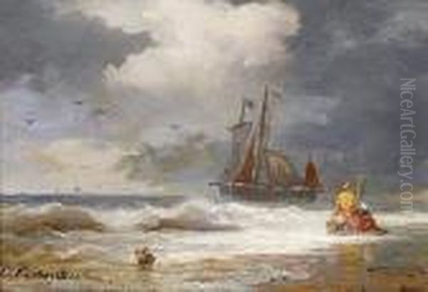 Crab Fishermen On The Coast Oil Painting by Andreas Achenbach