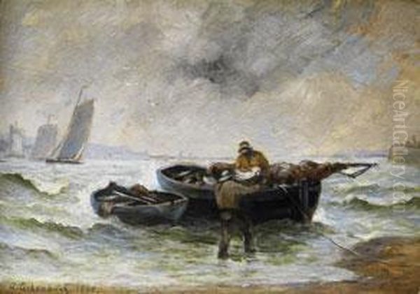 Zwei Fischer Beim Entladen Eines Bootes Mit Eingerollten Segeln Oil Painting by Andreas Achenbach