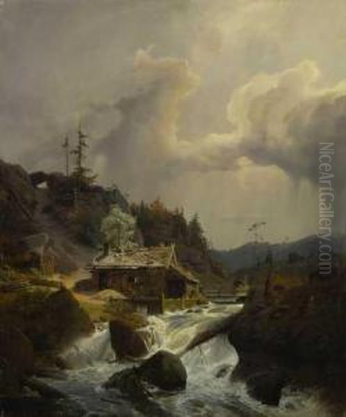 Sagewerk Am Gebirgsbach. Oil Painting by Andreas Achenbach