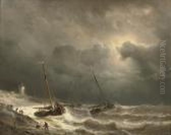 Securing The Ships At High-tide Oil Painting by Andreas Achenbach