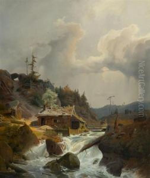 Wood Cutter's Hut At A Mountain Stream. Oil Painting by Andreas Achenbach