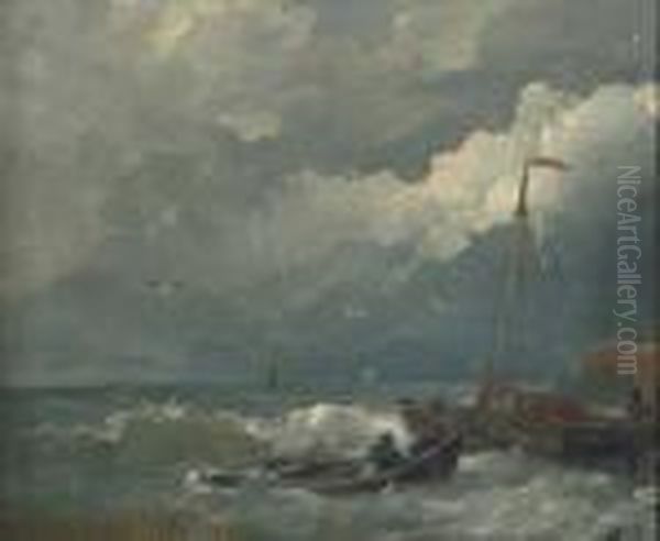 Fischerboote Bei Bewegter See In Kustennahe Oil Painting by Andreas Achenbach