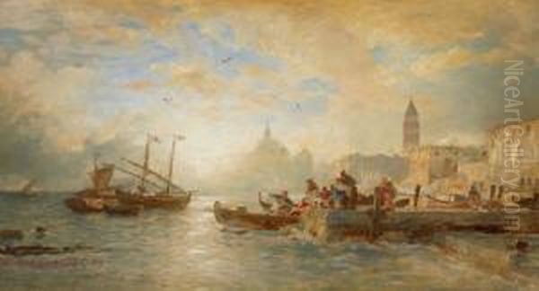 Pescatori Con Venezia Sullo 
Sfondo - Veduta Della Santa Maria Della Salute E Del Campanile Oil Painting by Andreas Achenbach