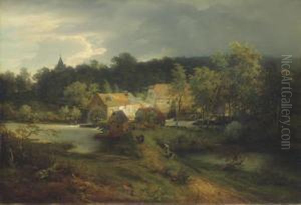 The Watermill In The Village Oil Painting by Andreas Achenbach