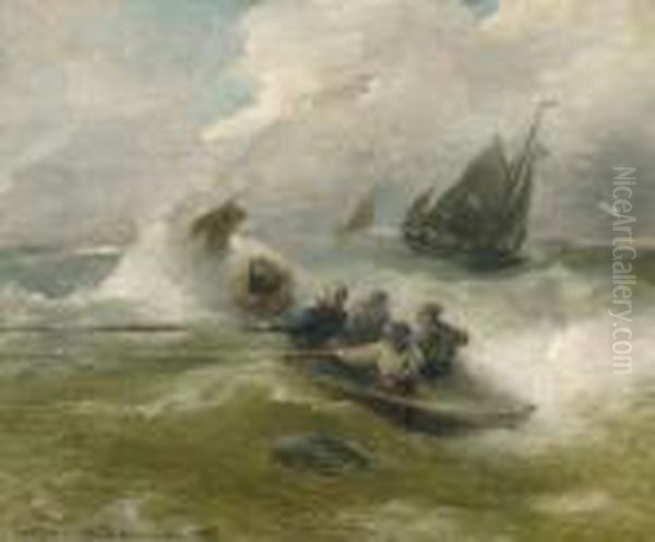 Rowing On Rough Seas Oil Painting by Andreas Achenbach