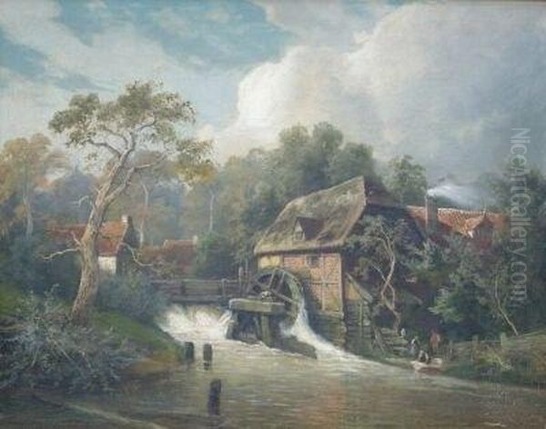 Wassermuhle Im Bergischen Amflussufer Mit Wascherinnen Oil Painting by Andreas Achenbach