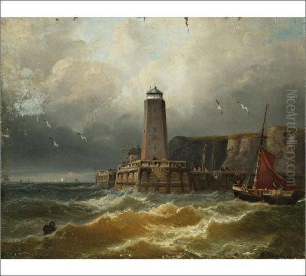 Ships In Rough Seas Oil Painting by Andreas Achenbach