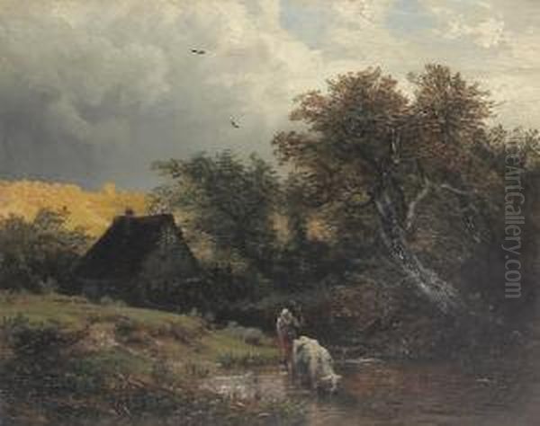 Hirtin Mit Kuh An Der Tranke, Im Hintergrund Ein Bauerngehoft Oil Painting by Andreas Achenbach