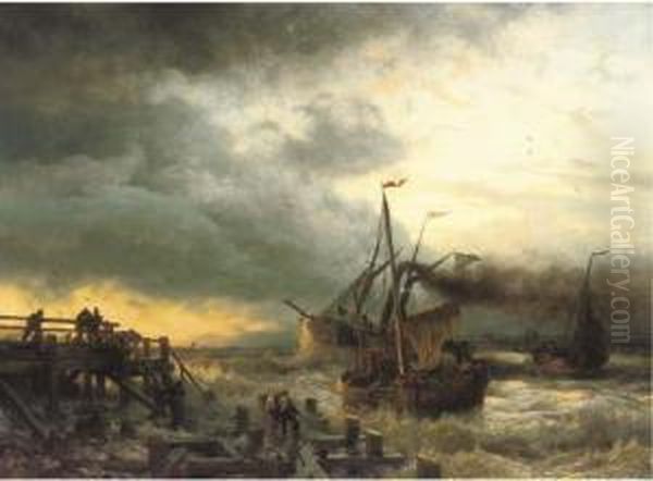 The Departure Of The Steamship Oil Painting by Andreas Achenbach