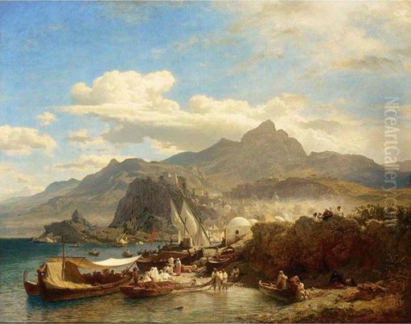 Busy Coastal Village On The Levantine Coast Oil Painting by Andreas Achenbach