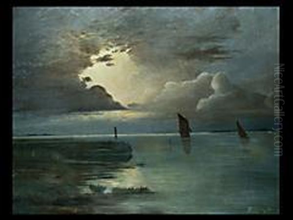 Sonnenuntergang Am Meer Mit Auf- Ziehendem Gewitter Oil Painting by Andreas Achenbach