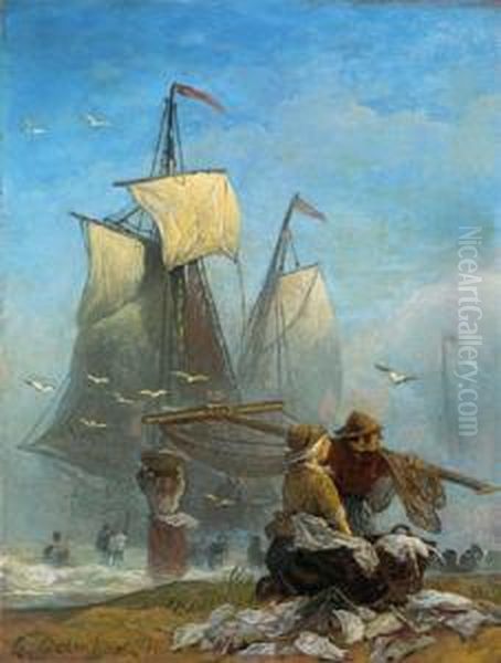 Fischer Am Strand Oil Painting by Andreas Achenbach