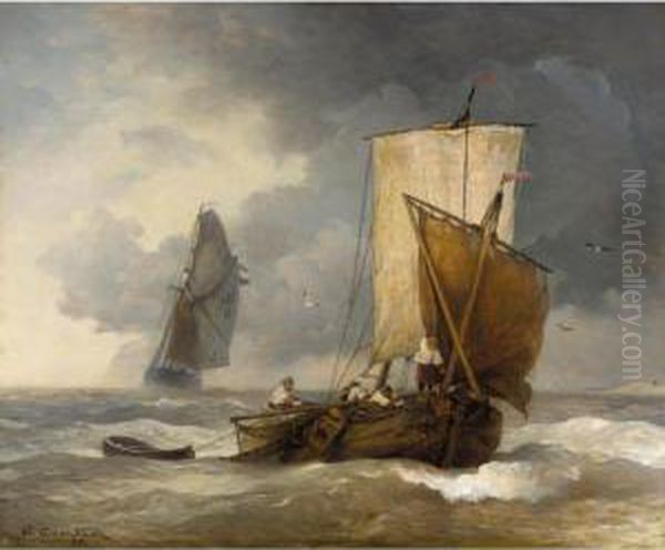 Fischkutter Auf Sturmischer See (fishing Boats In Stormy Seas) Oil Painting by Andreas Achenbach