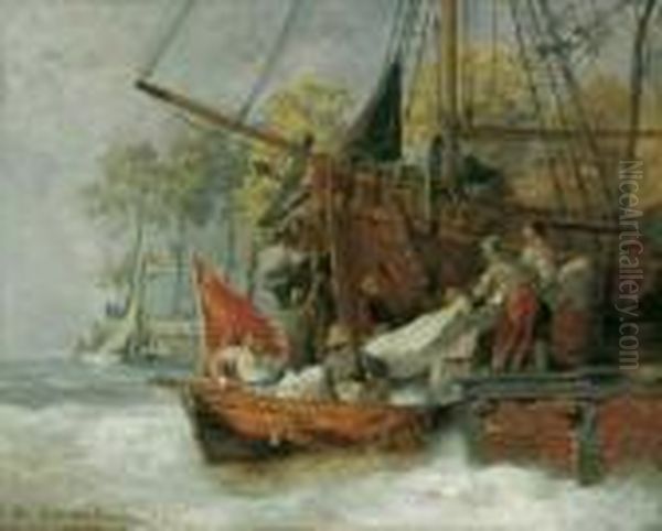 Hafeneinfahrt Bei Sturmischer 
See. Signiert Und Datiert Unten Links: A. Achenbach 76. Ol Auf Holz. H 
37; B 46 Cm. Oil Painting by Andreas Achenbach