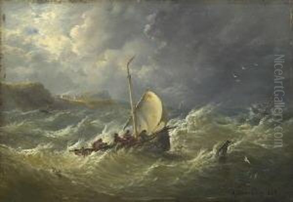 Fischerboote Auf Sturmisch
 Bewegter See. Oil Painting by Andreas Achenbach